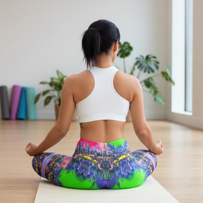 Person wearing Loria NYC Art yoga pants sitting on a mat in a room with plants and exercise equipment