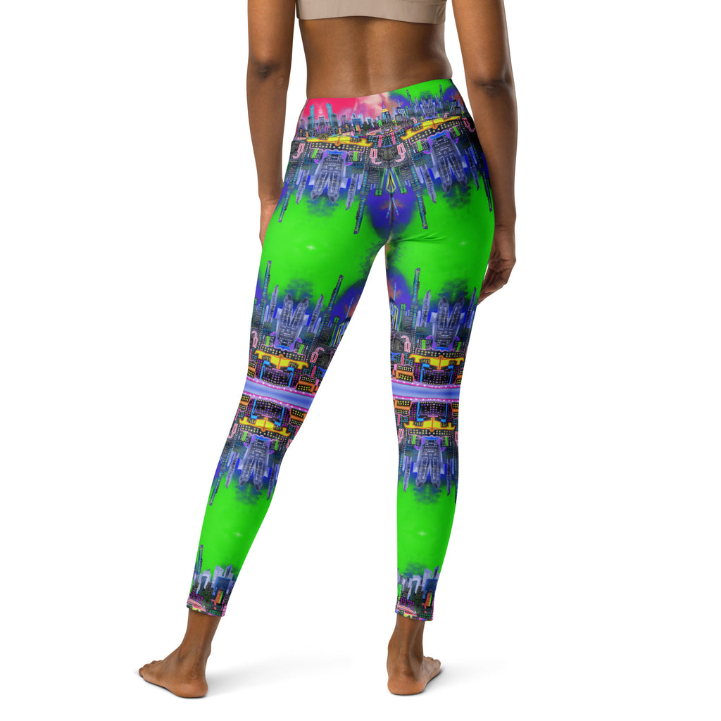 Multicolored tie-dye leggings designed by Loria NYC Art and worn by a person on a  white background