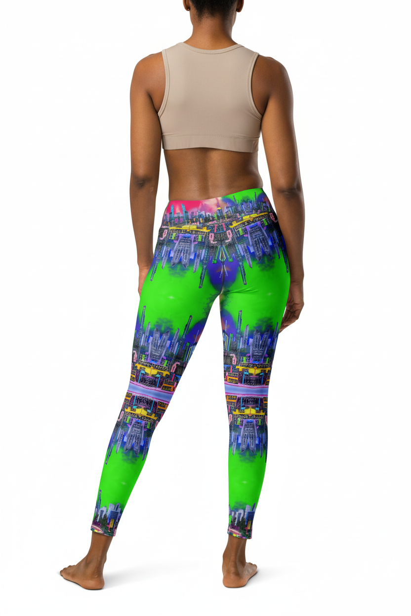 Person wearing colorful leggings designed by Loria NYC Art with a cityscape design on a white background