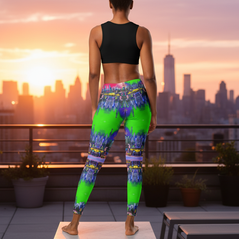 Person wearing colorful leggings and a black top on a rooftop with a city skyline at sunset.