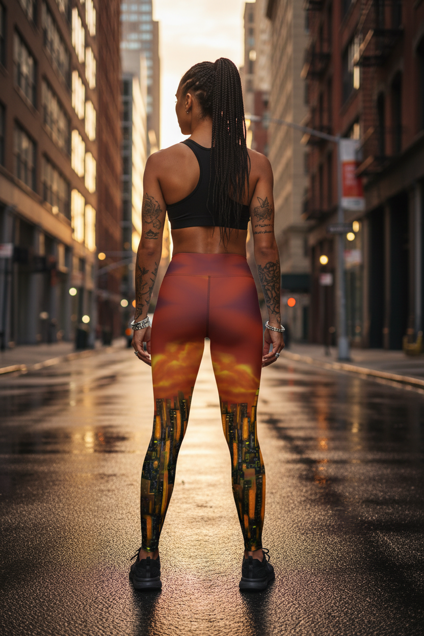 Leggings with a Loria NYC Art cityscape design on a urban background