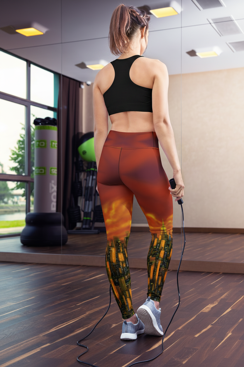 Woman in a gym holding a jump rope, wearing colorful Loria NYC Art leggings and a white sports bra.