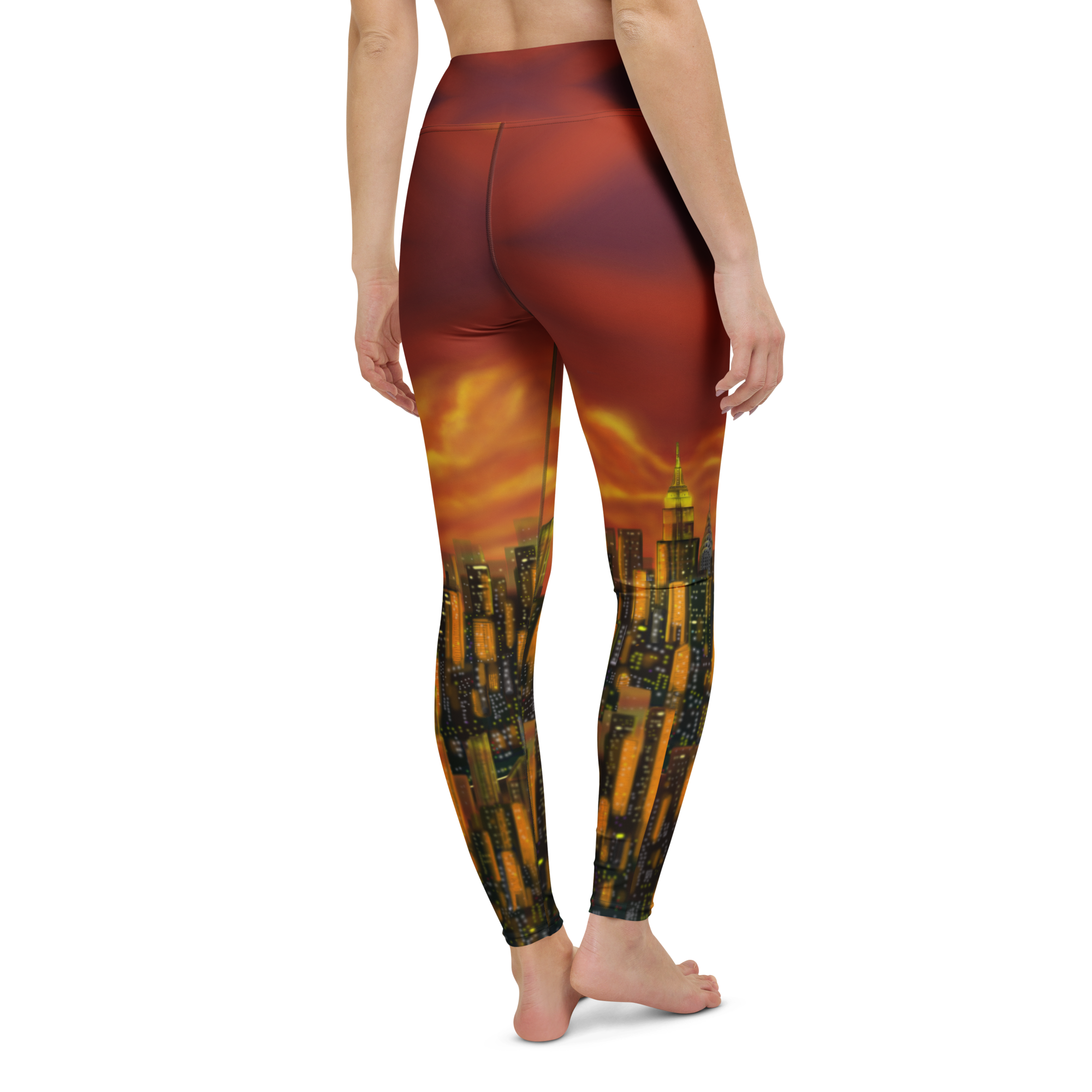 Leggings with a cityscape Loria NYC Art design on a white background