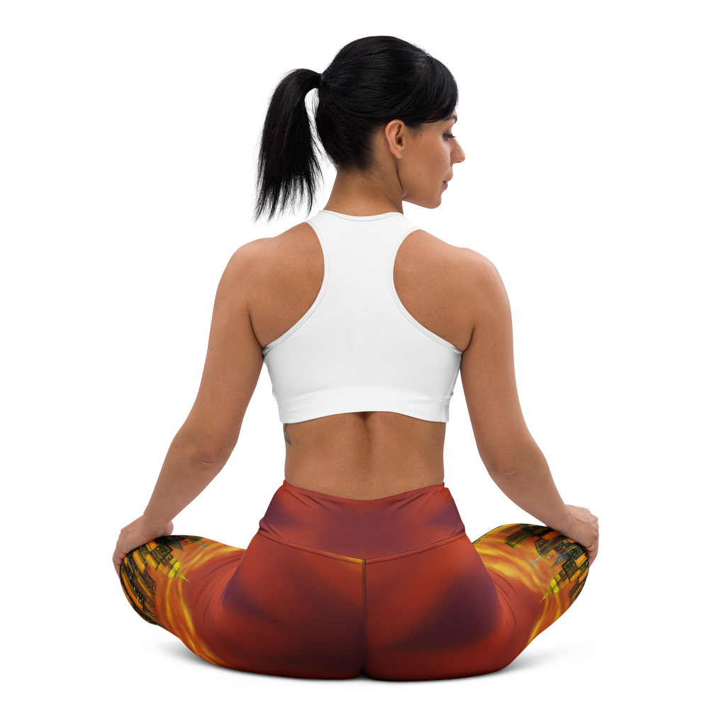 Woman wearing a white sports bra and colorful Loria NYC Art yoga pants sitting in a meditative pose on a white background