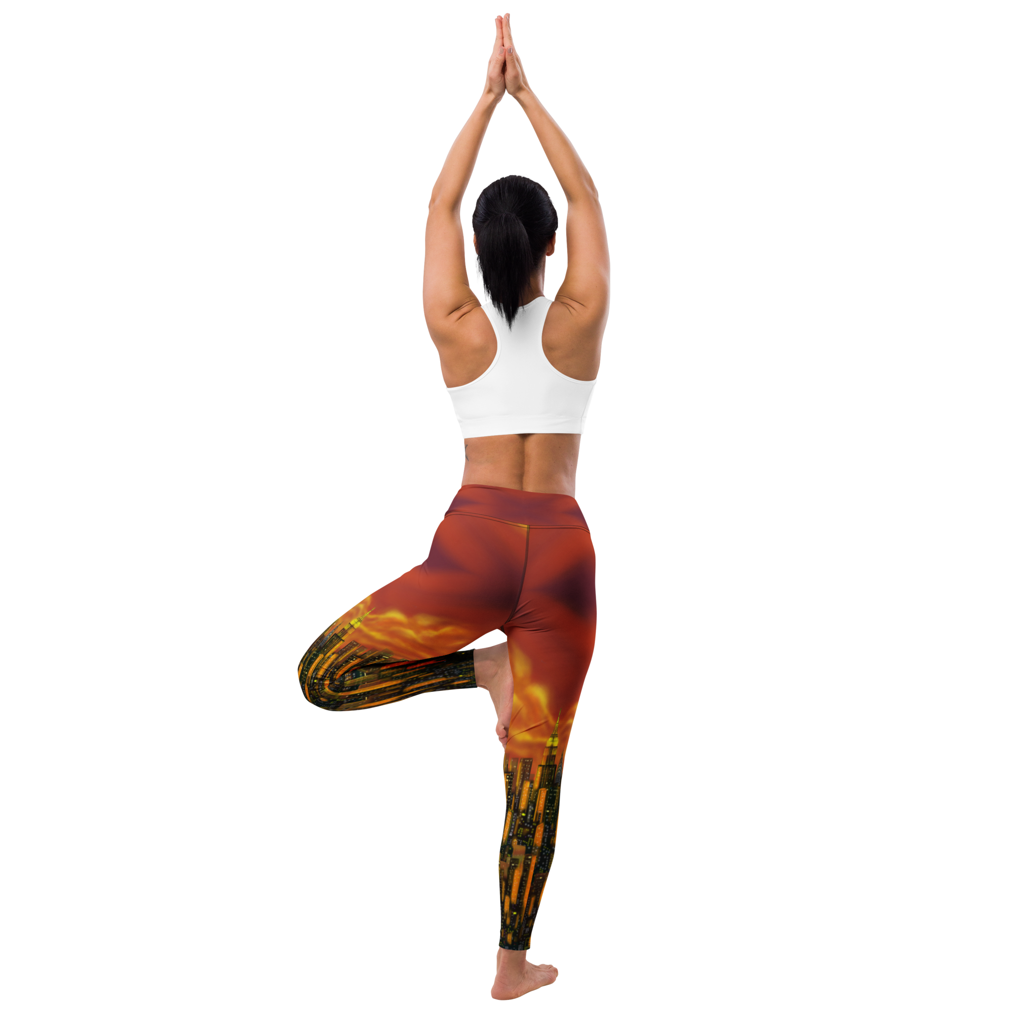 Person wearing a white sports bra and fiery Loria NYC Art leggings on a white background
