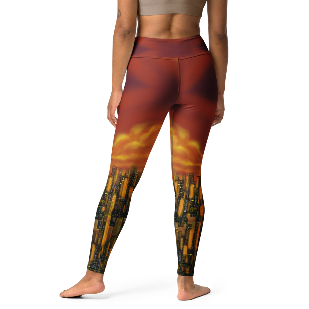 Leggings with a sunset Loria NYC Art design worn by a person on a white background