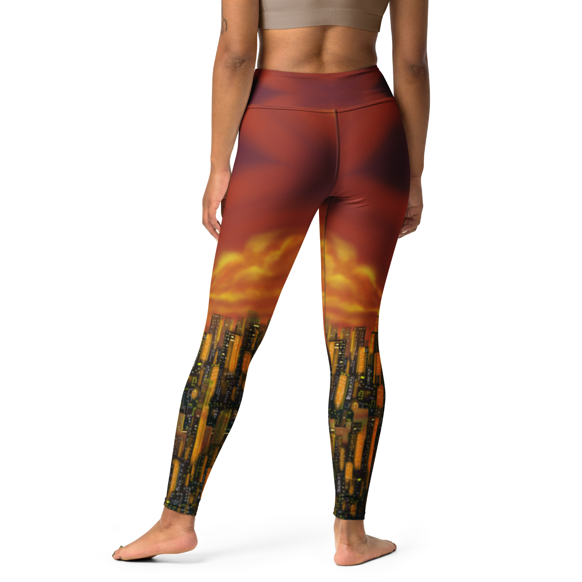 Leggings with a sunset Loria NYC Art design worn by a person on a white background
