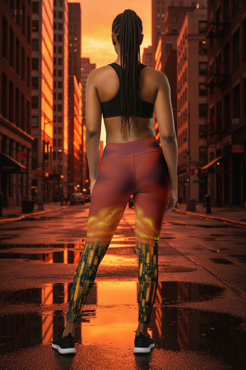 Person in athletic Loria NYC Art wear standing on a city street with sunset reflections.