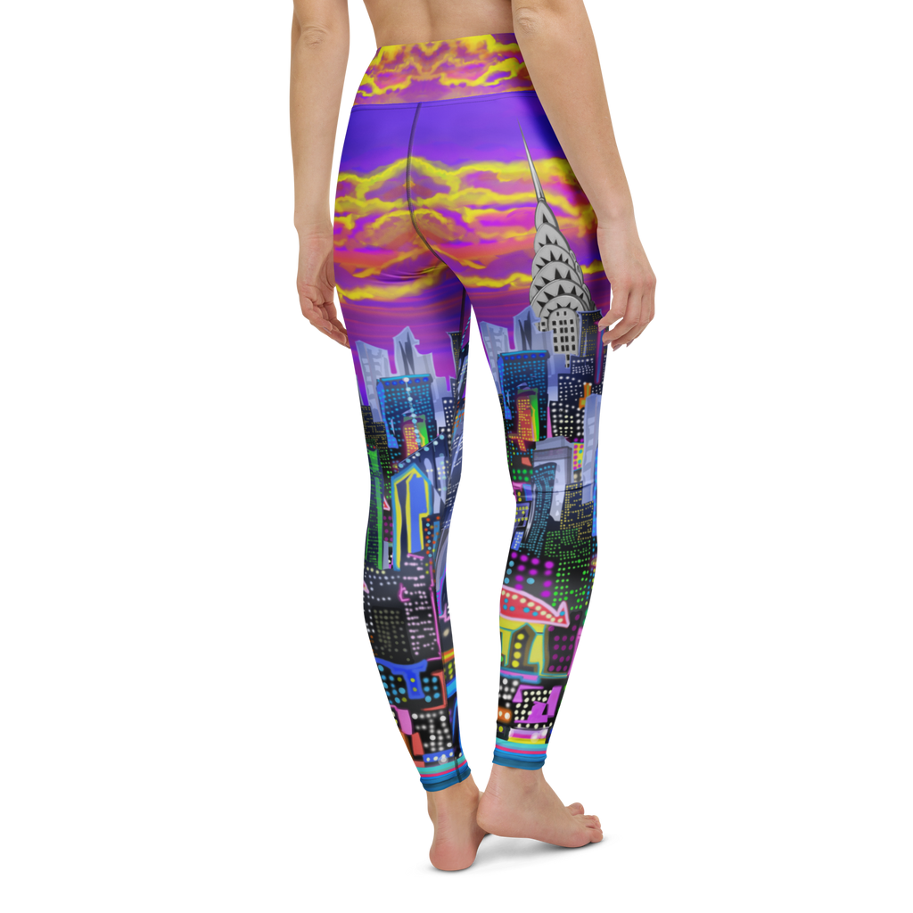 Colorful cityscape Loria NYC Art leggings worn by a person on a white background