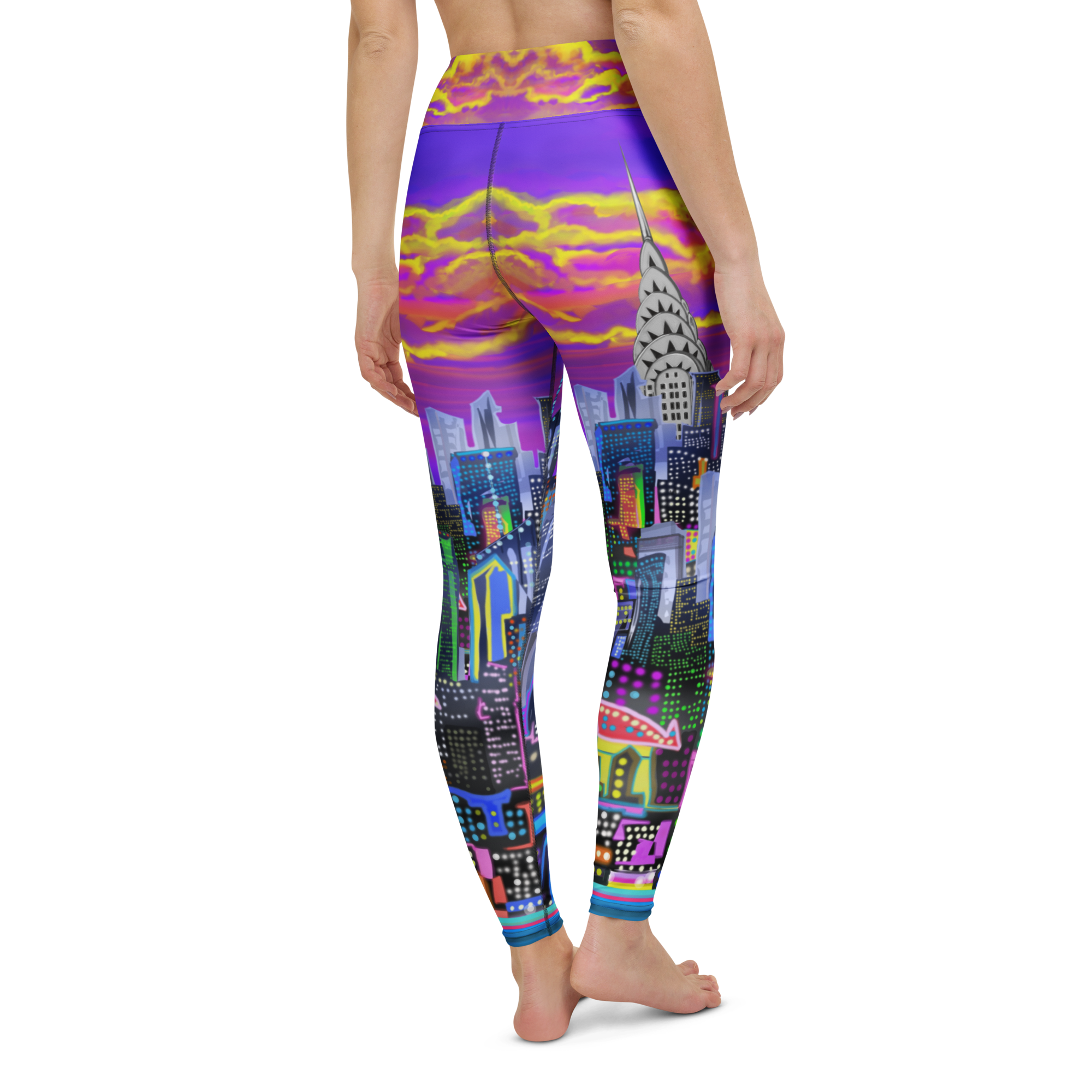 Colorful cityscape Loria NYC Art leggings worn by a person on a white background