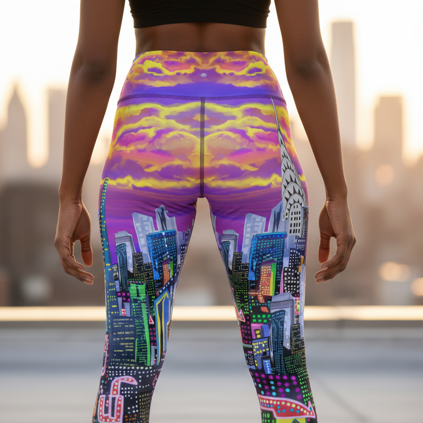 Person wearing colorful leggings with cityscape Loria NYC Art design against a blurred city skyline.