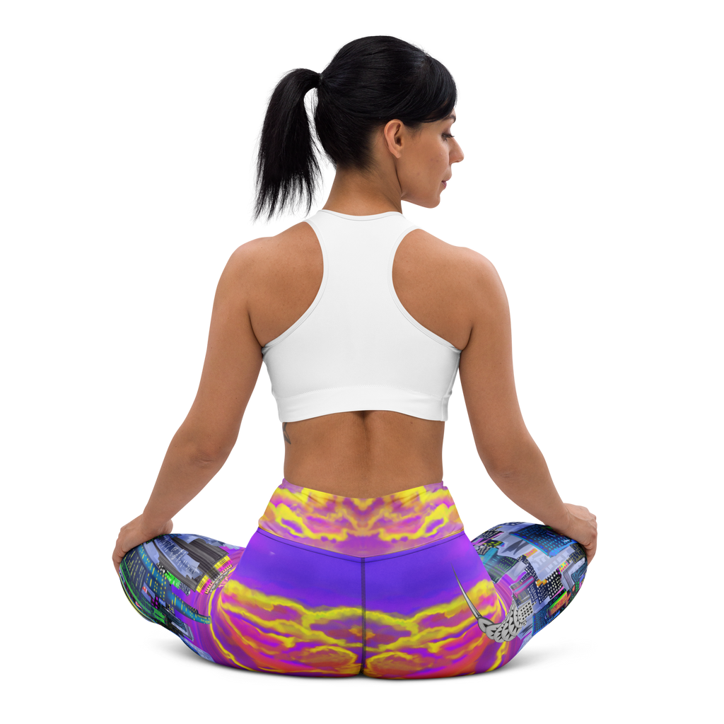 Woman wearing colorful Loria NYC Art yoga pants and a white sports bra on a white background