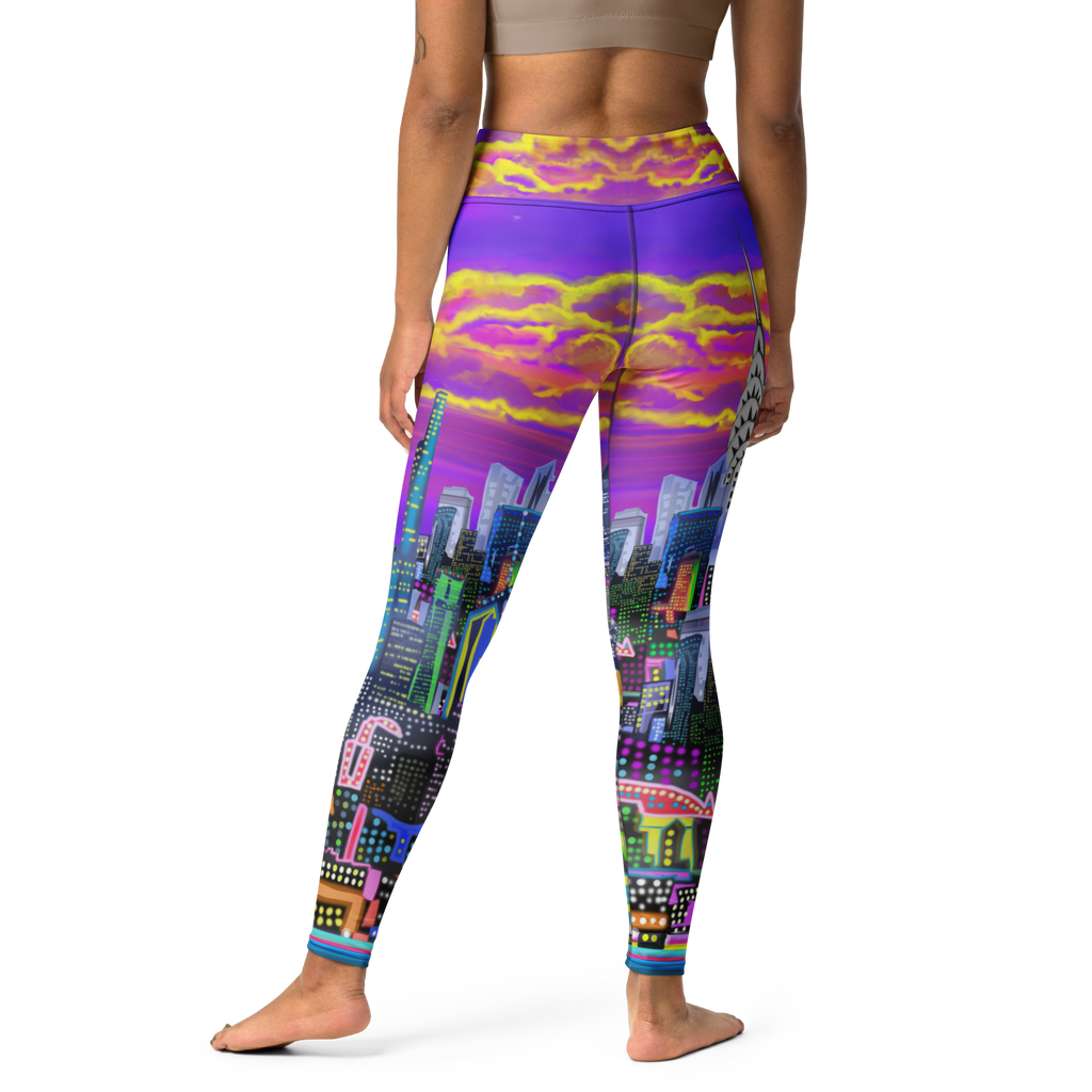 Person wearing colorful Loria NYC Artcityscape leggings on a white background