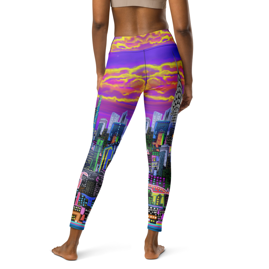 Colorful cityscape Loria NYC Art leggings worn by a model on a white background