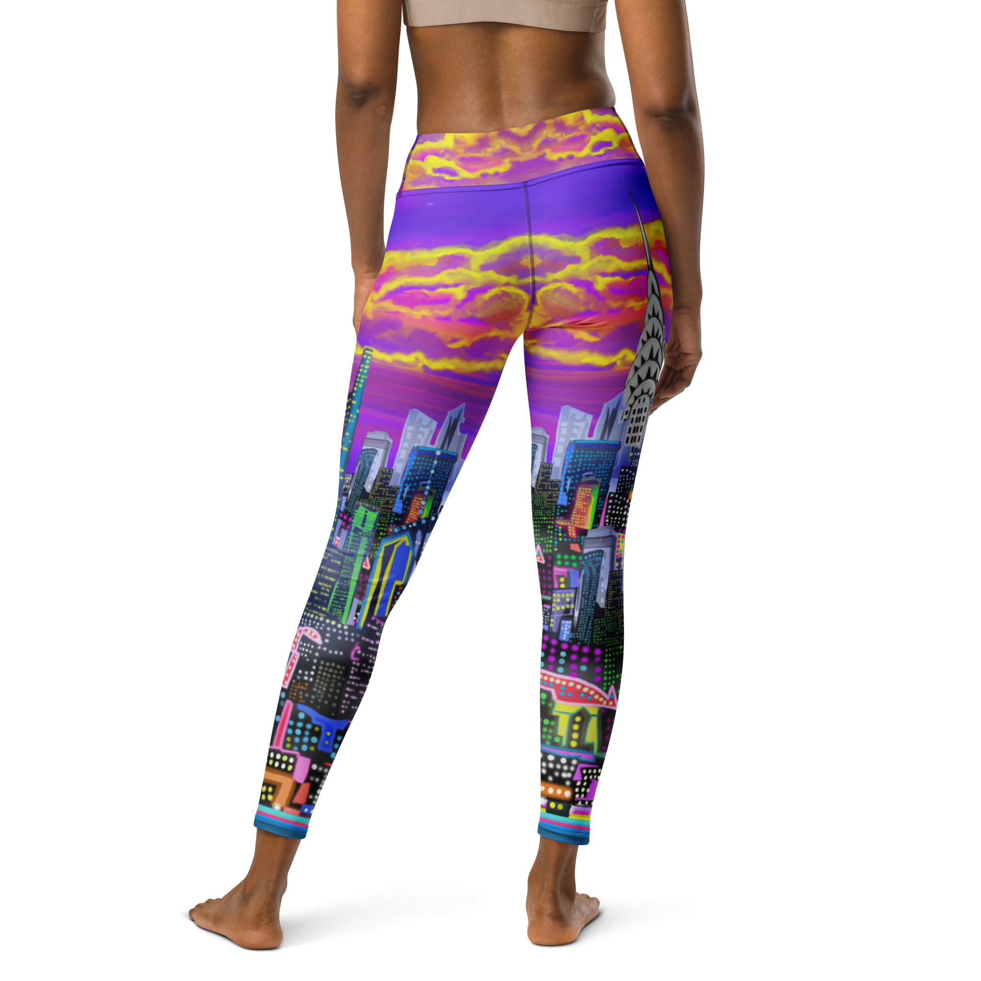 Colorful cityscape Loria NYC Art leggings worn by a model on a white background