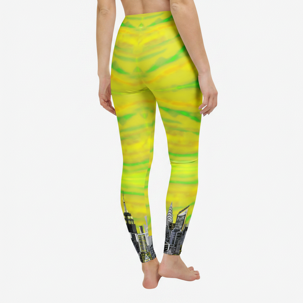 Yellow and green tie-dye leggings with cityscape Loria NYC Art design at the bottom on a white background