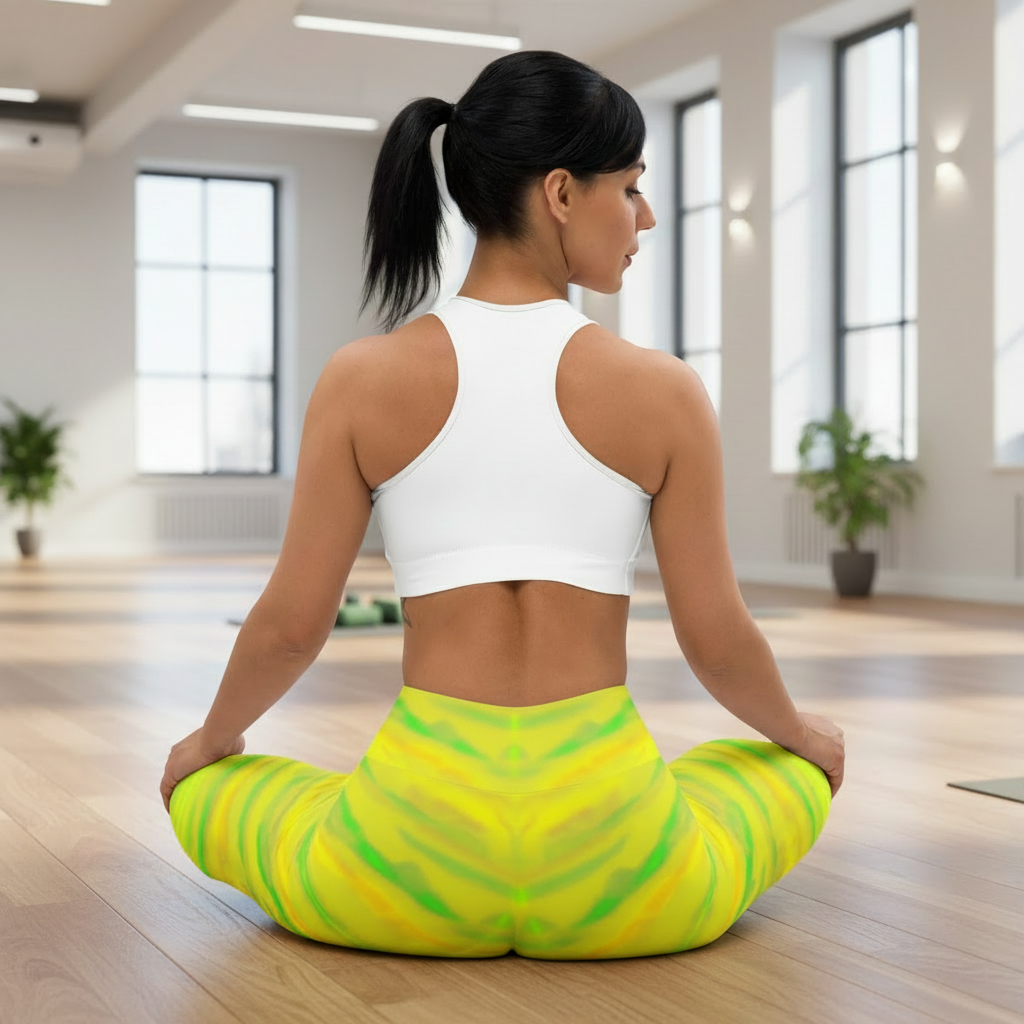 Woman in a white sports bra and yellow Loria NYC Art leggings sitting on the floor in a bright room.