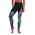 Leggings with colorful Loria NYC Art cityscape design worn by a person on a white background