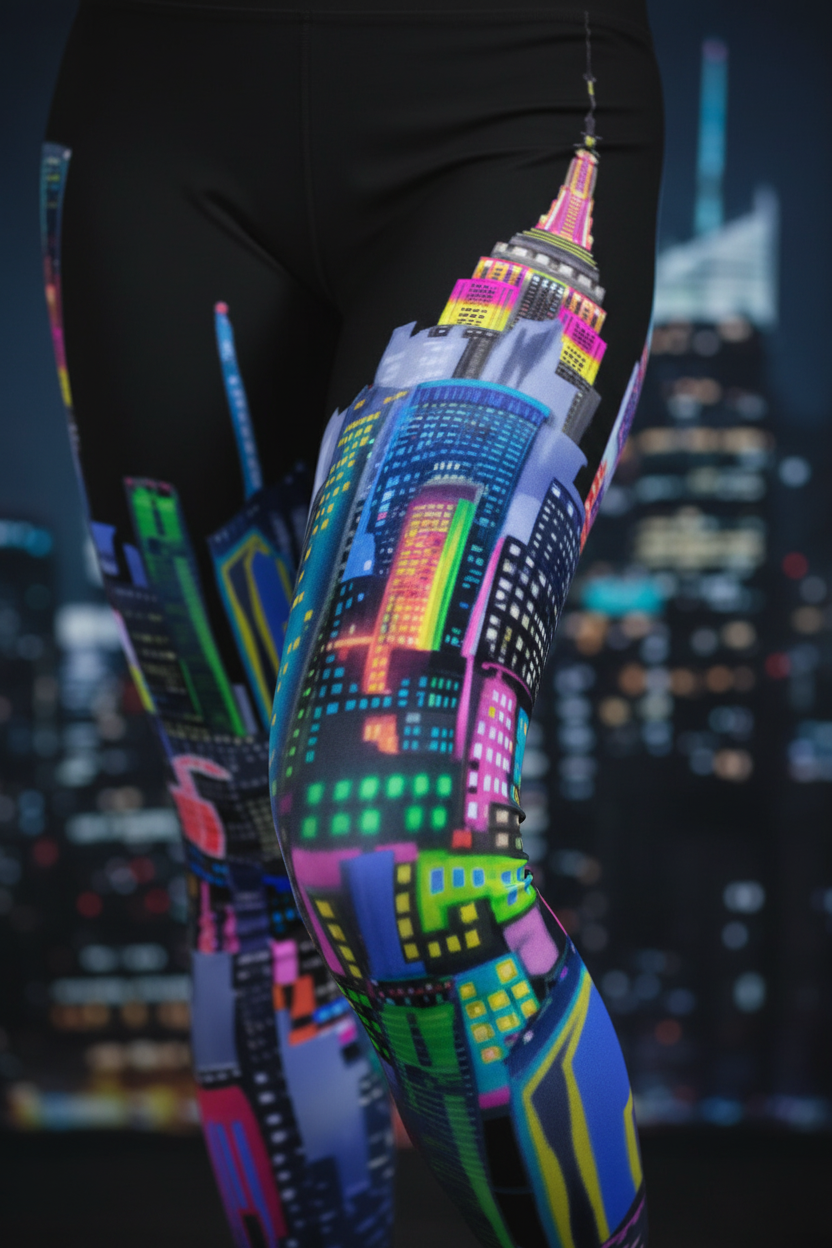 Colorful cityscape Loria NYC Art design on a person's leg with a blurred city skyline in the background