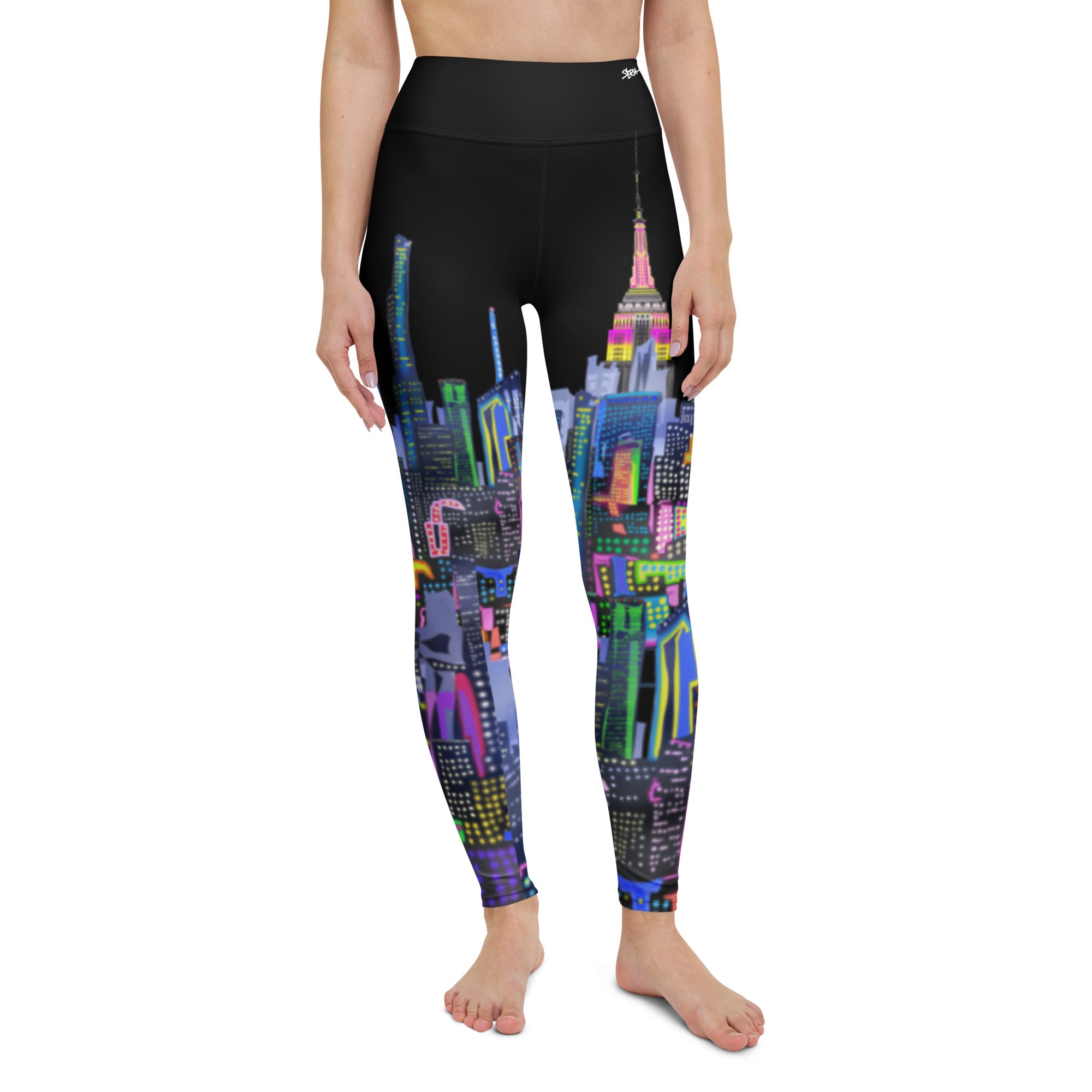 Leggings with a  Loria NYC Art colorful cityscape pattern on a white background