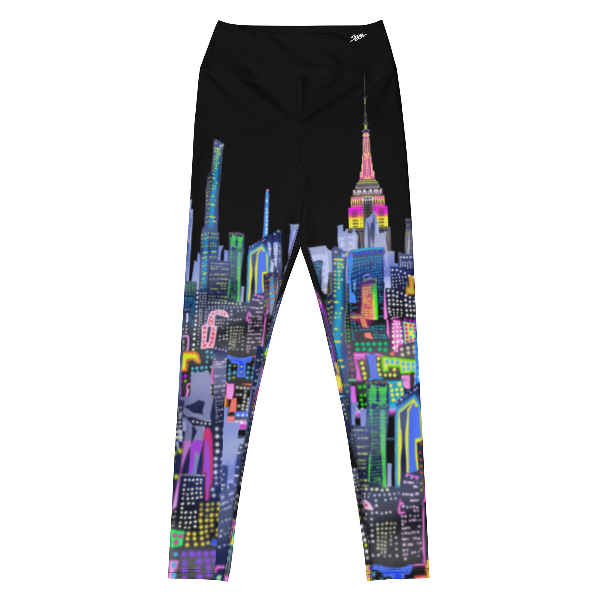 Leggings with a colorful cityscape Loria NYC Art design on a black background