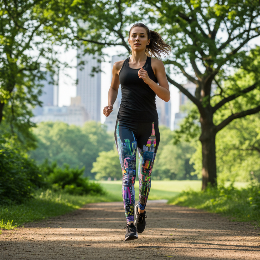 Woman running on a path in a park with trees and wearing  city skyline leggings by Loria NYC Art 
