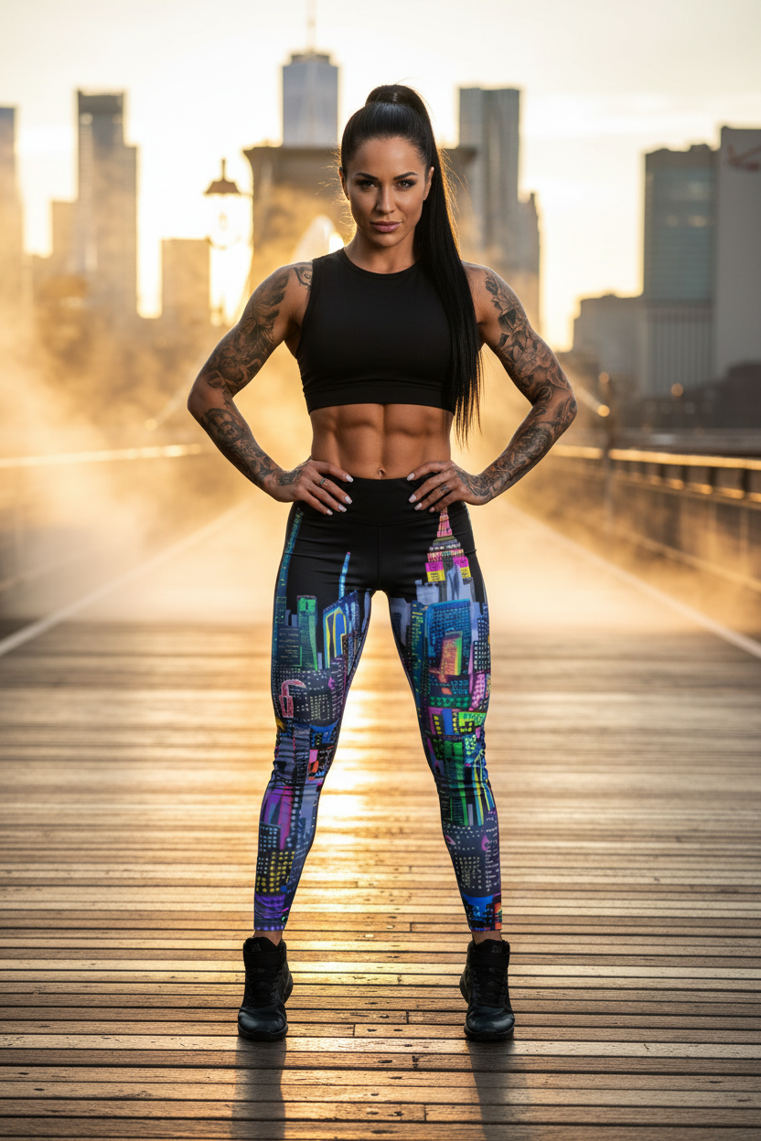 Woman in Loria NYC Art athletic wear with colorful leggings standing on a wooden boardwalk with city skyline in the background.