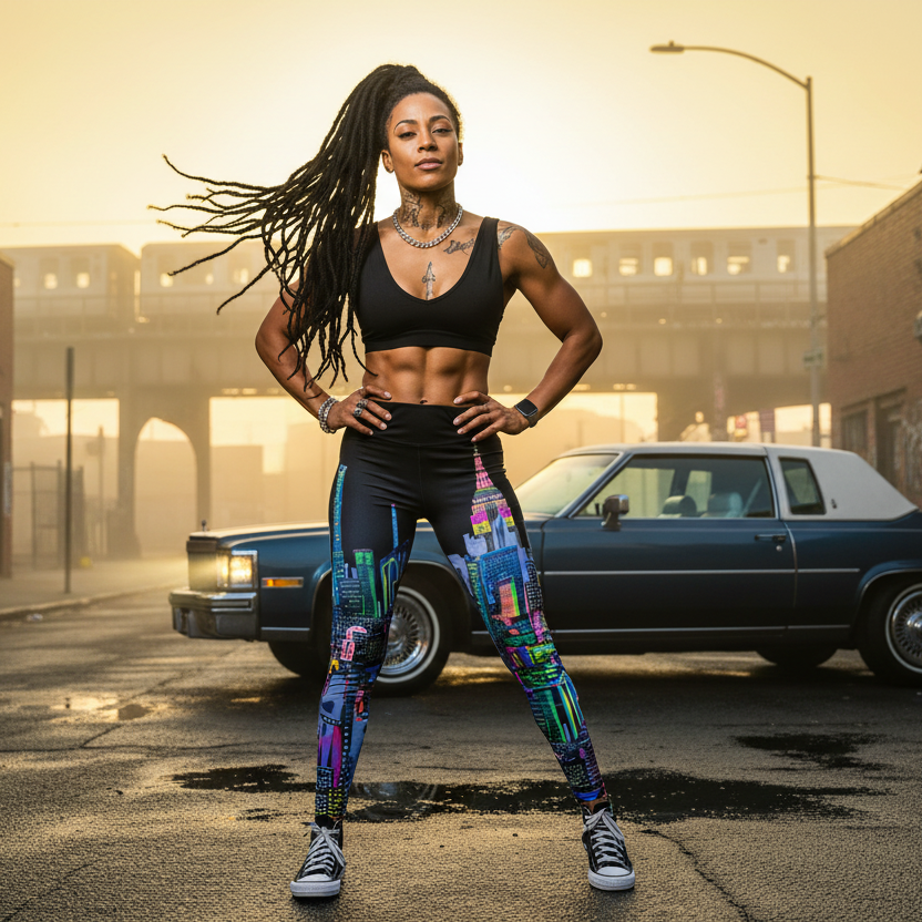 Woman in athletic leggings Loria NYC Art wear standing in an urban setting with graffiti on walls.