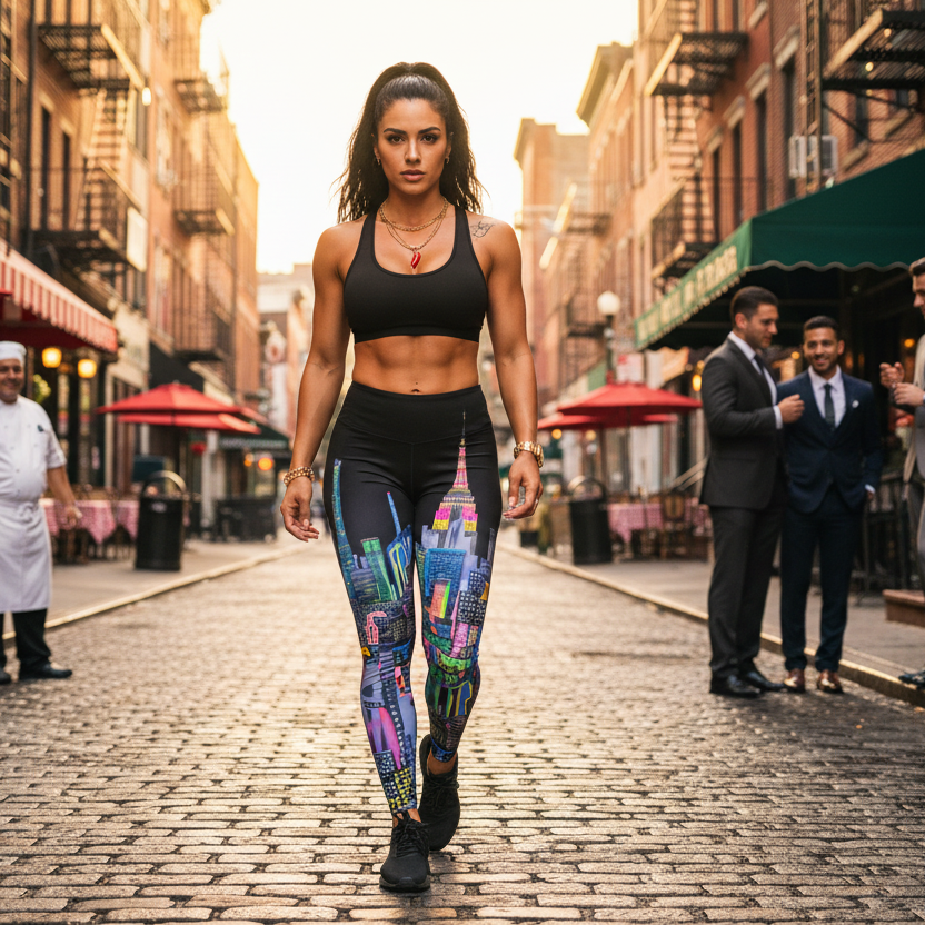 Woman in athletic Loria NYC Art leggings walking on a city street with people in suits and chefs in the background.