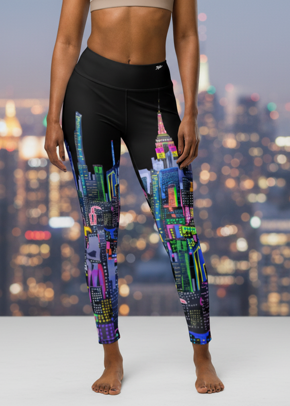 Person wearing colorful Loria NYC Art leggings with a city skyline in the background