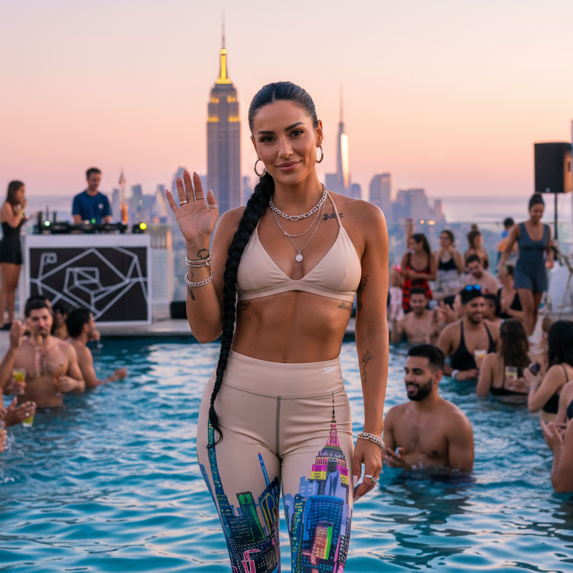 Woman in a bikini and leggings with cityscape Loria NYC Art design by a pool at sunset, with people around
