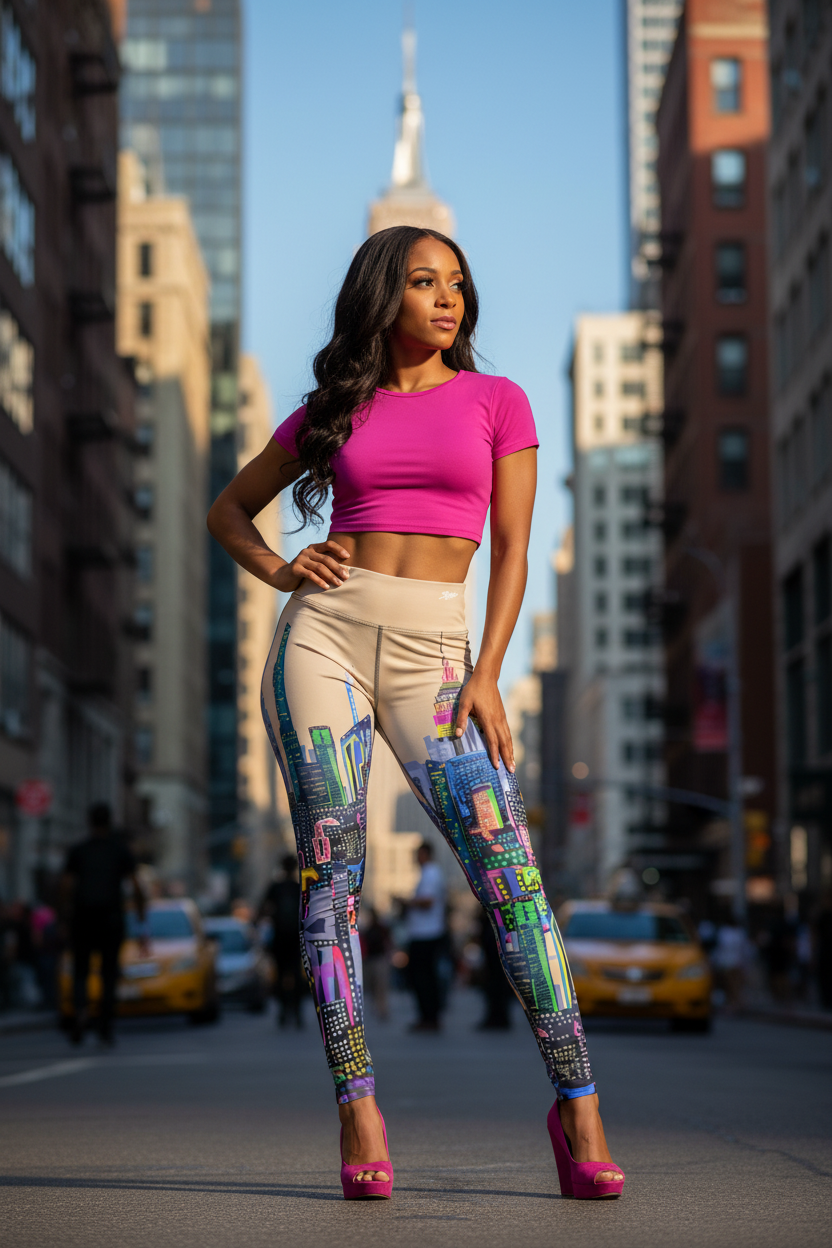 Woman in pink top and colorful Loria NYC Art leggings standing on a city street with tall buildings in the background