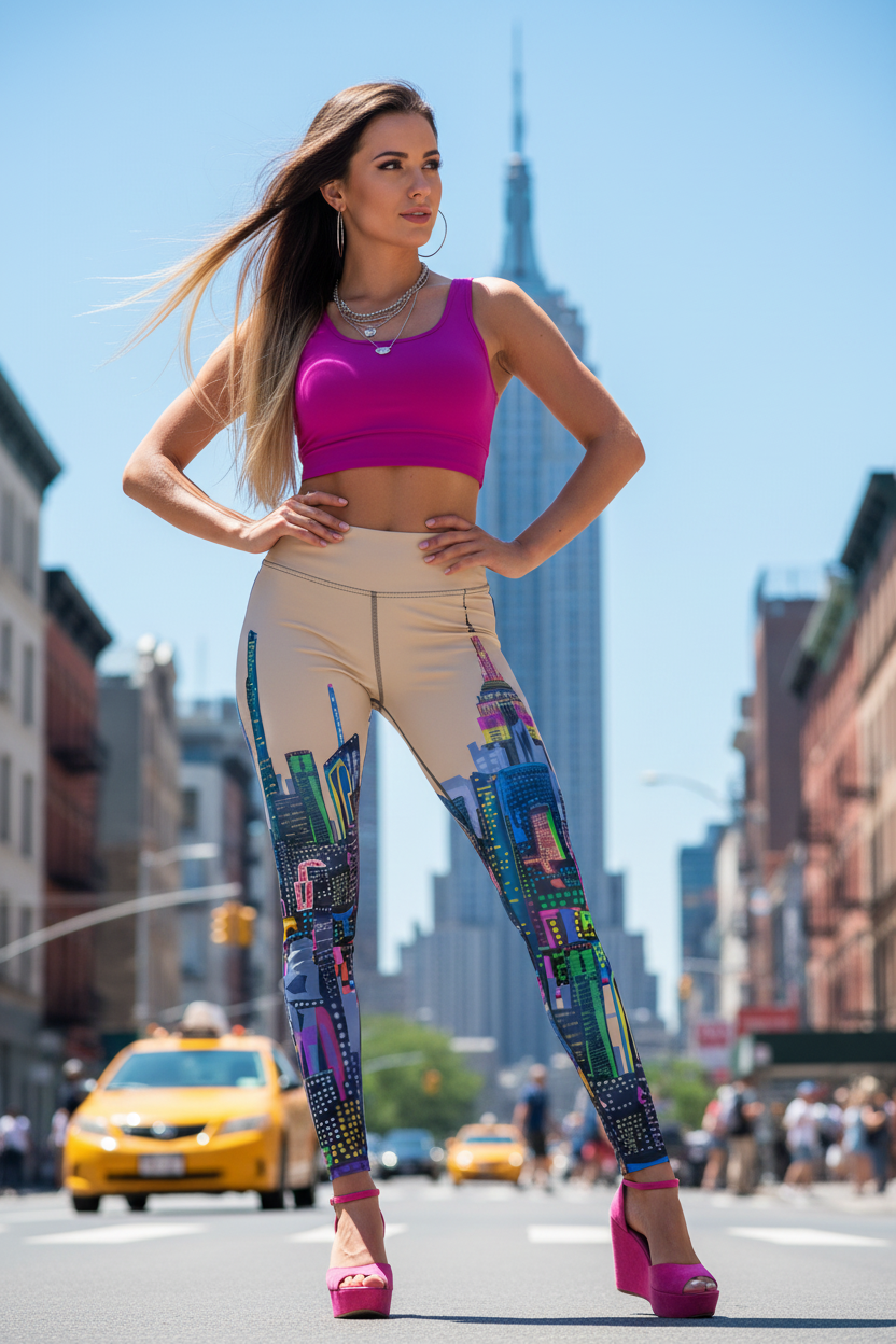 Woman in colorful Loria NYC Art leggings and pink top standing on a city street