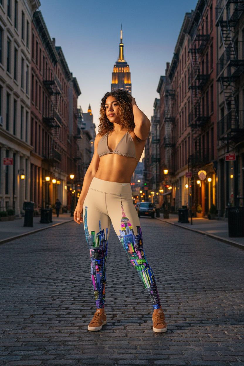 Woman wearing Loria NYC Art colorful leggings with a cityscape design in an urban setting.