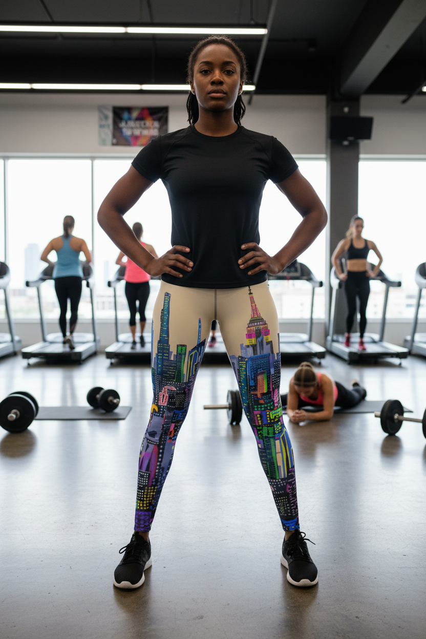 Girl in gym wearing yoga gym pants designed by Loria NYC Art. 