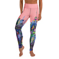 Leggings with pink colorful Loria NYC Art cityscape design on a white background