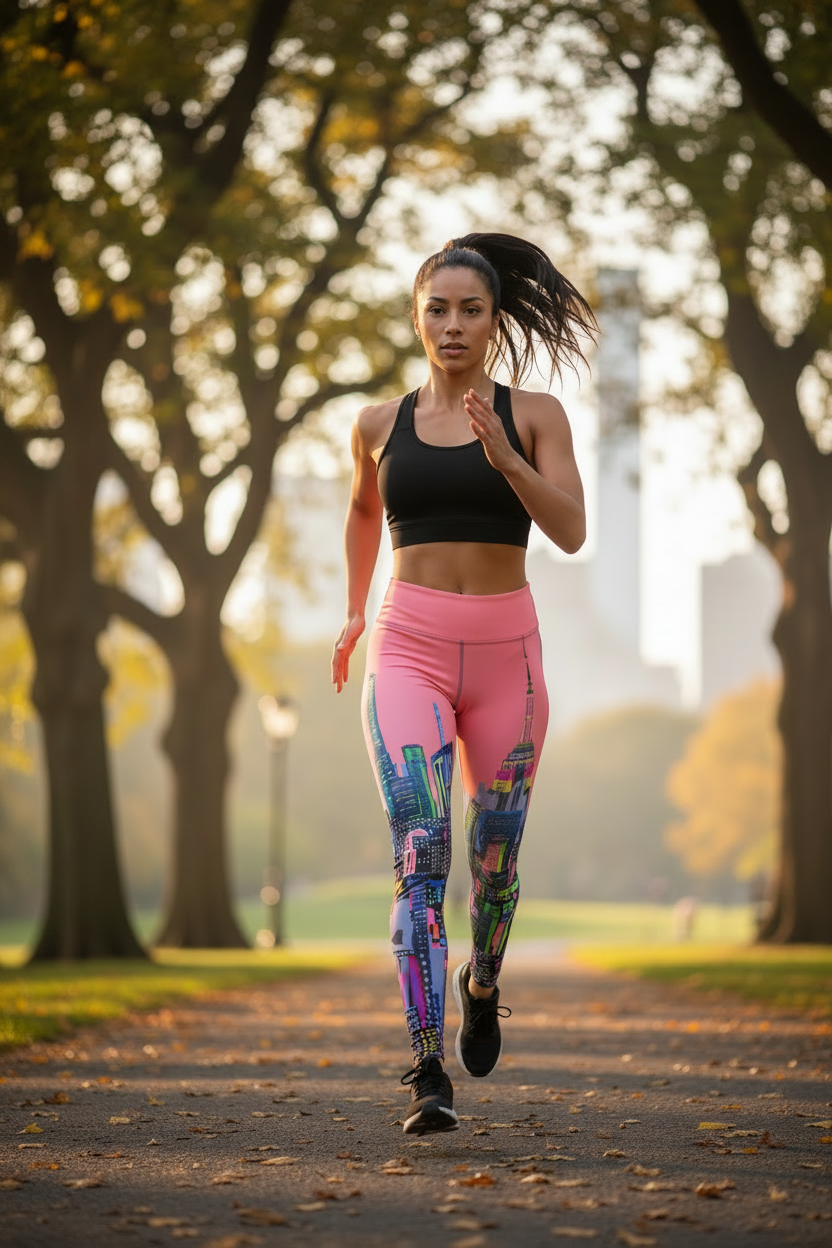 Woman running in a park wearing pink Loria NYC Art leggings athletic wear.