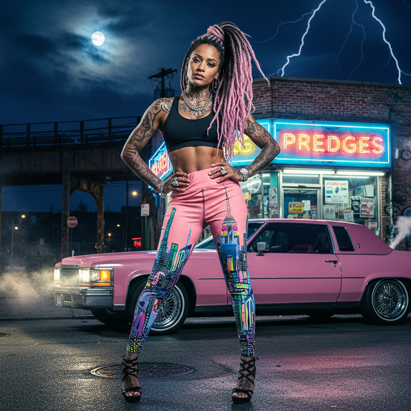 Woman with colorful tattoos and pink hair wearing Loria NYC Art leggings posing in front of a pink car at night.