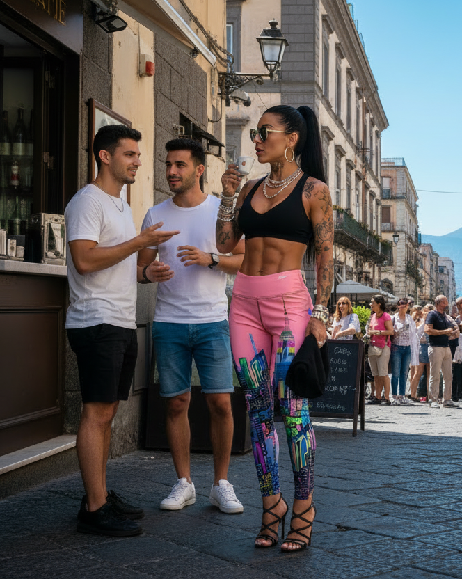 Girl wearing vibrant pink Loria NYC Art leggings and holds a coffee with a sunlit street with mountains in the background