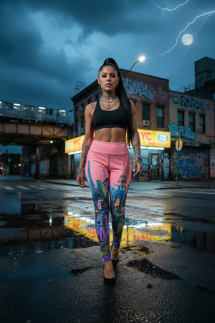 Person wearing pink colorful Loria NYC Art leggings walking on a city street at night.