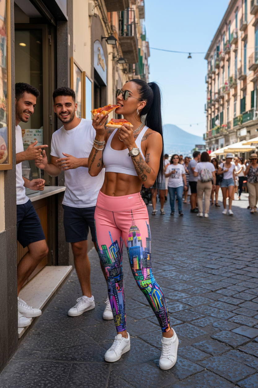 Woman in colorful Loria NYC Art leggings eating pizza on a city street