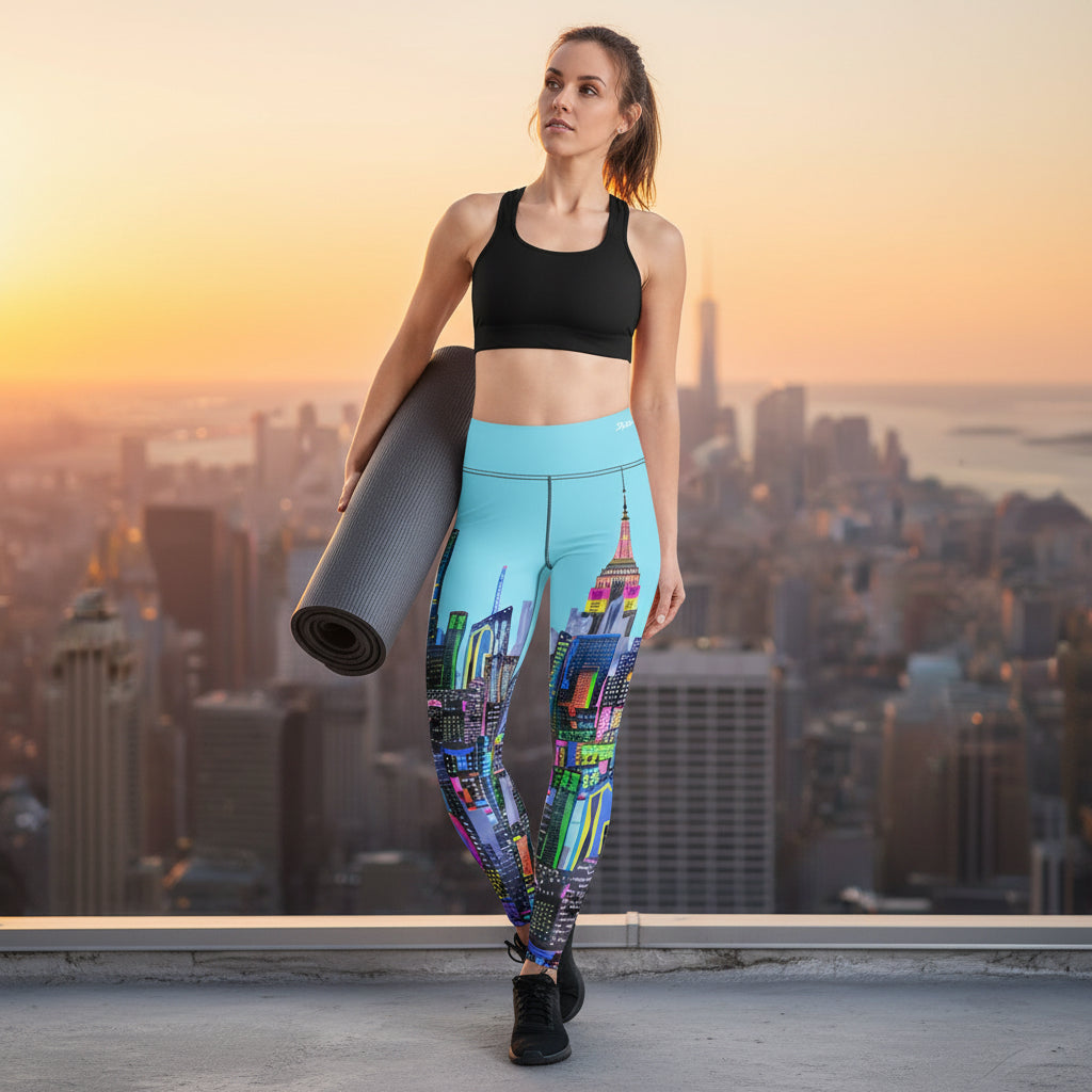 Woman wearing colorful Loria NYC Art cityscape leggings and a white sports bra, holding a yoga mat.