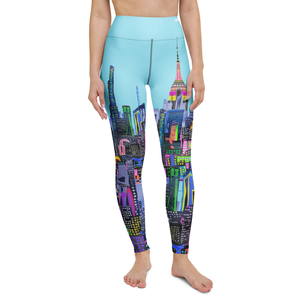 Leggings with a colorful Loria NYC Art cityscape design on a white background