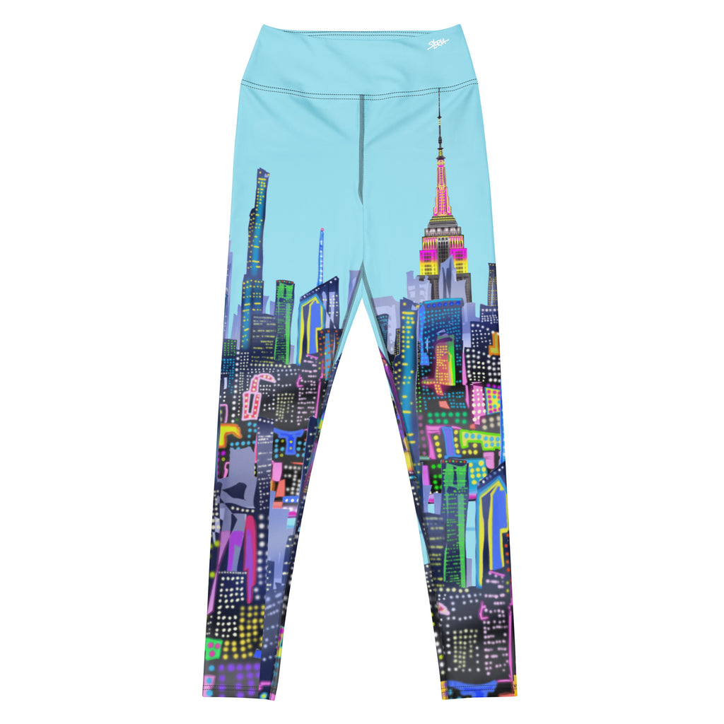 Front of Blue Leggings with cityscape Loria NYC Art design on a white background