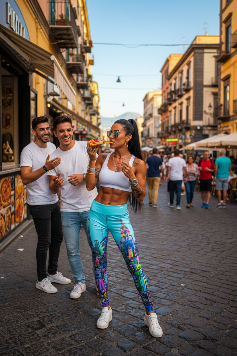 Female wearing blue colorful Loria NYC Art leggings on a street in an urban setting with buildings and people in the background.