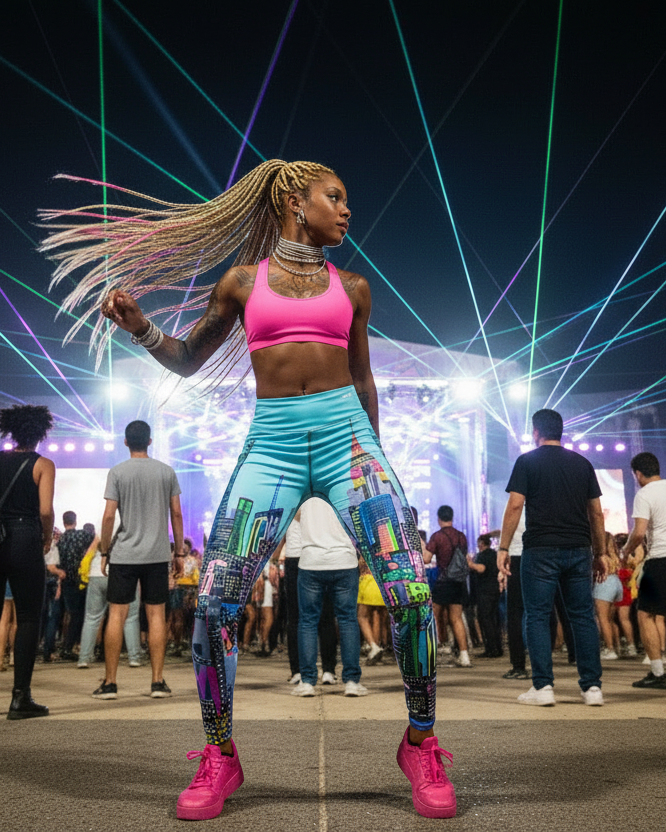 Person dancing at a music festival wearing cityscape blue Loria NYC Art leggings with laser lights and crowd in the background
