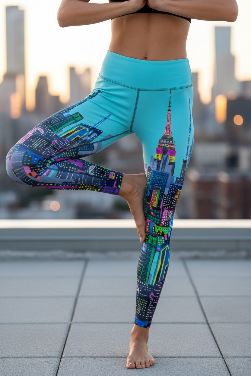 Person wearing colorful leggings with a Loria NYC Art cityscape design, standing on one leg outdoors.