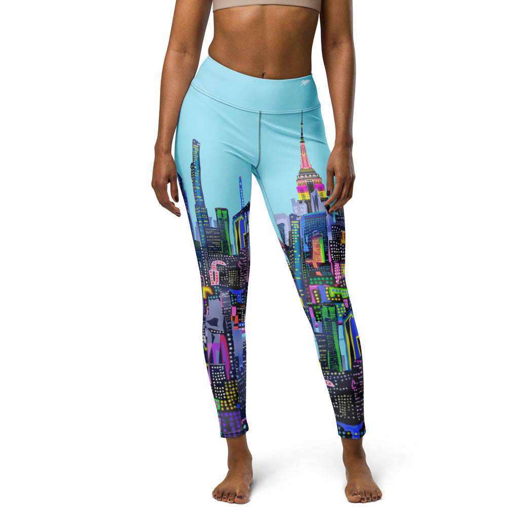 Image of Leggings with cityscape Loria NYC Art design on a white background
