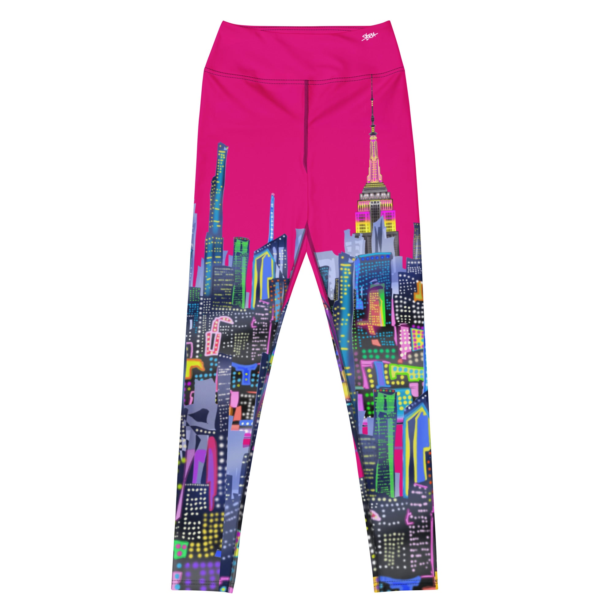Front of fuchsia Leggings with Loria NYC Art cityscape design on a pink background