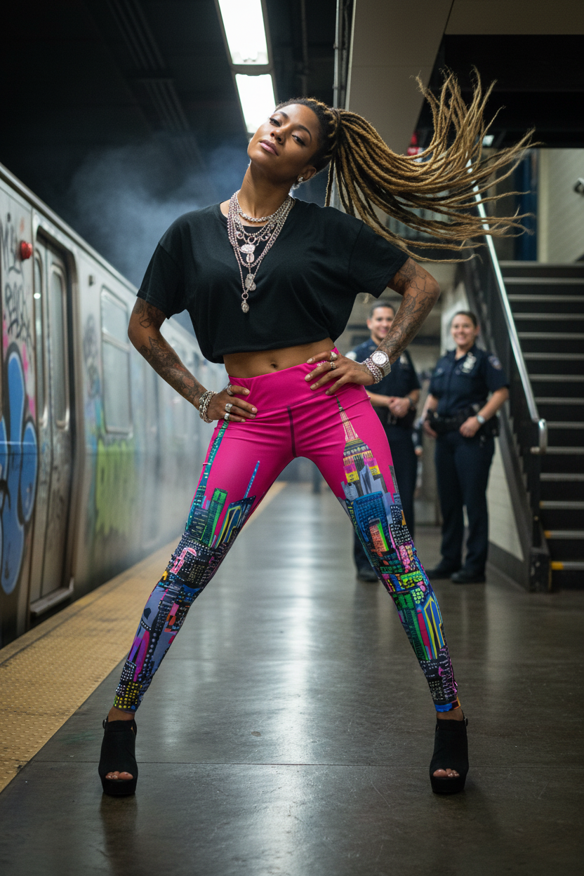 Woman in a black top and colorful Loria NYC Art leggings posing in a subway station.